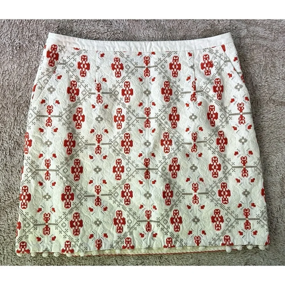 Maeve Cotton Embroidered Skirt Pompom Hem Lined Anthropologie Size 12 Cream Red